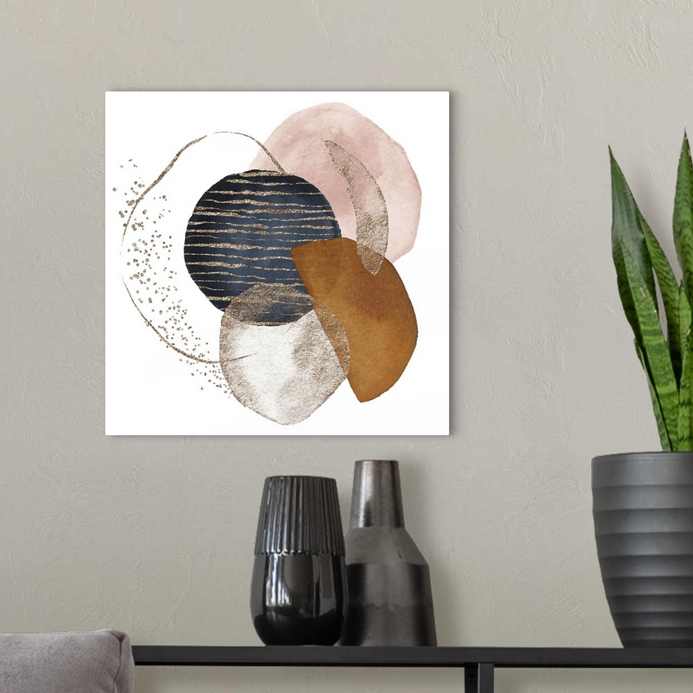 A modern room featuring Terracotta, navy blue, orange, blush, pink, and ivory watercolor Illustration with gold elements ...