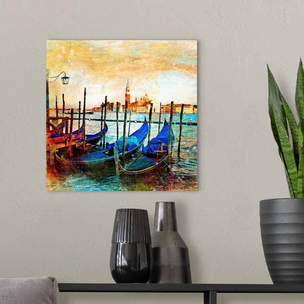 A modern room featuring mystery of Venice - artwork in painting style