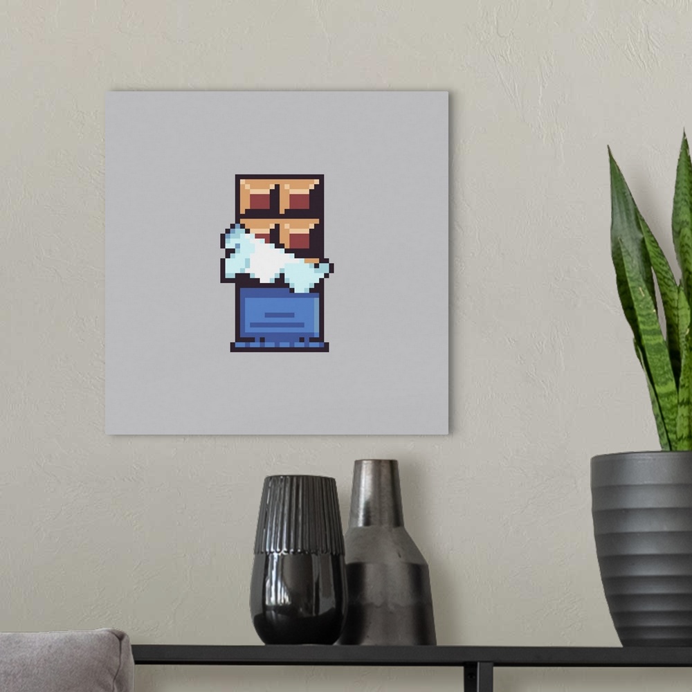 A modern room featuring Chocolate icon isolated on a white background. Pixel art style.