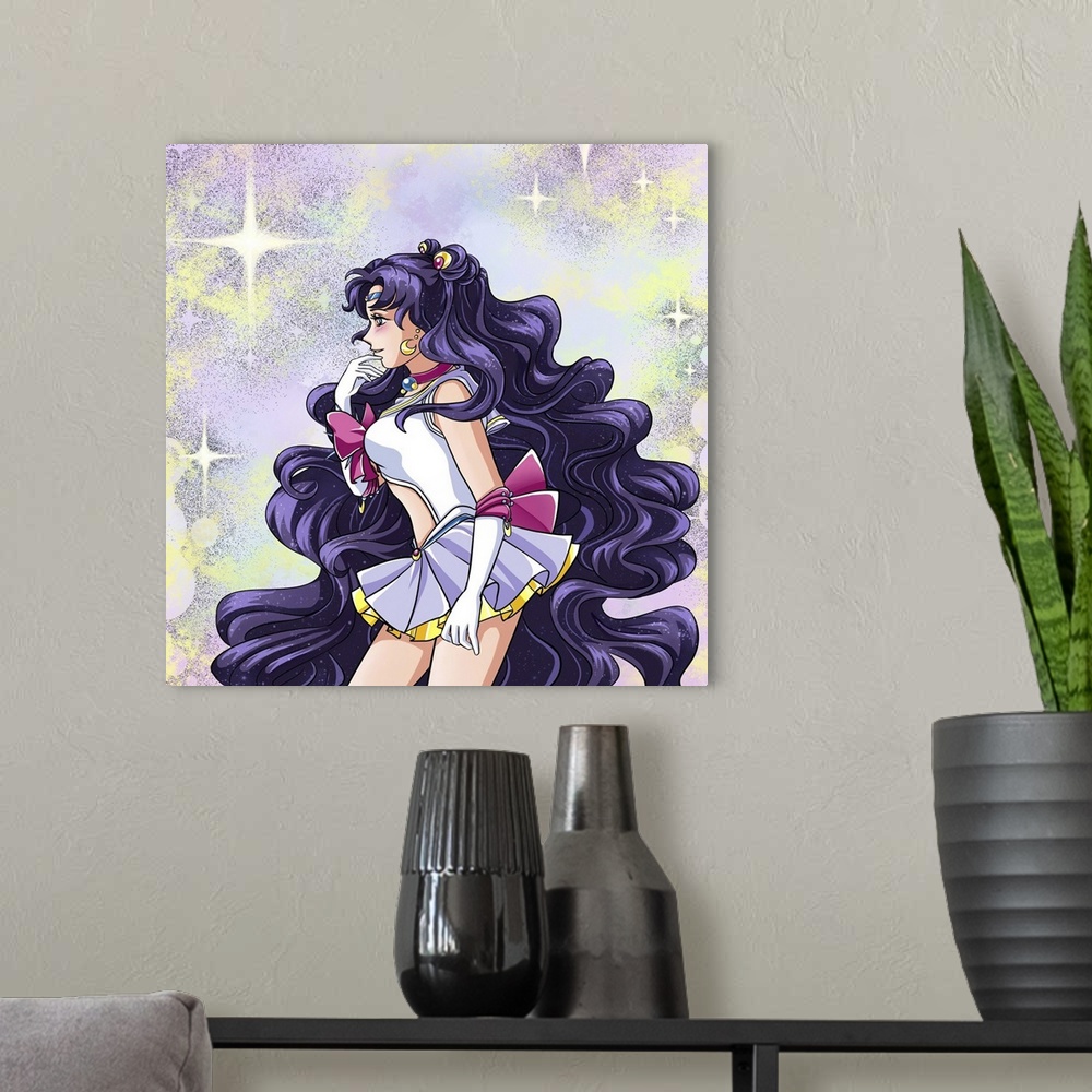 A modern room featuring Sailor moon, purple hair warrior girl.