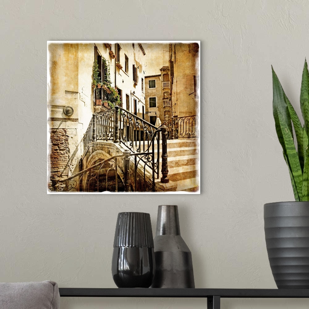 A modern room featuring streets of old Venice -picture in retro style