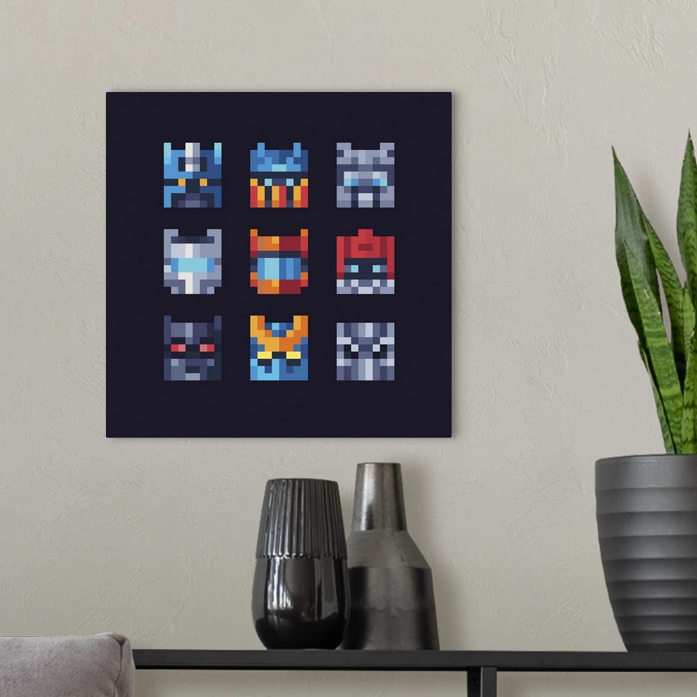 A modern room featuring Tiny abstract mech faces. Pixel icons. Originally a vector illustration.