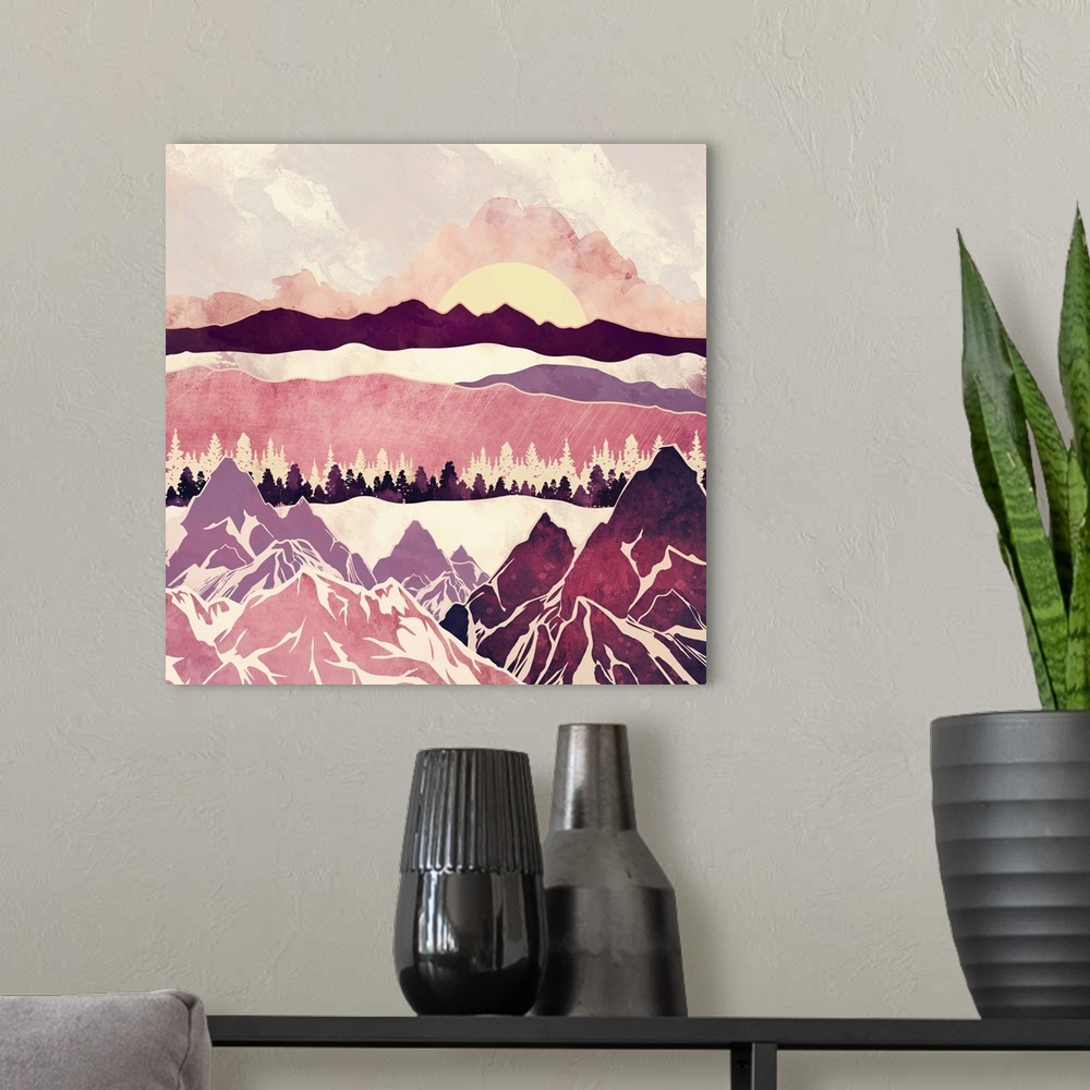 A modern room featuring Abstract depiction of a landscape with burgundy hills, magenta and yellow.