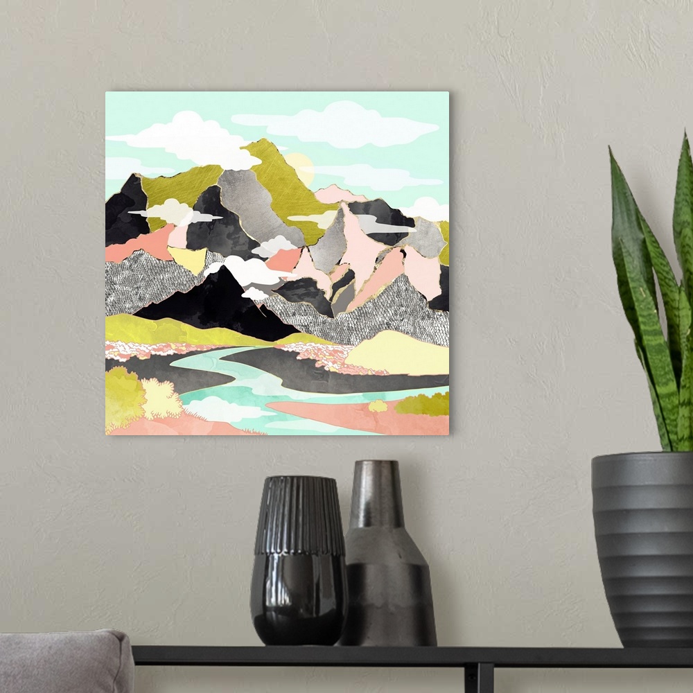 A modern room featuring Abstract depiction of a summer river with mountains, silver, gold, pink, green and black.