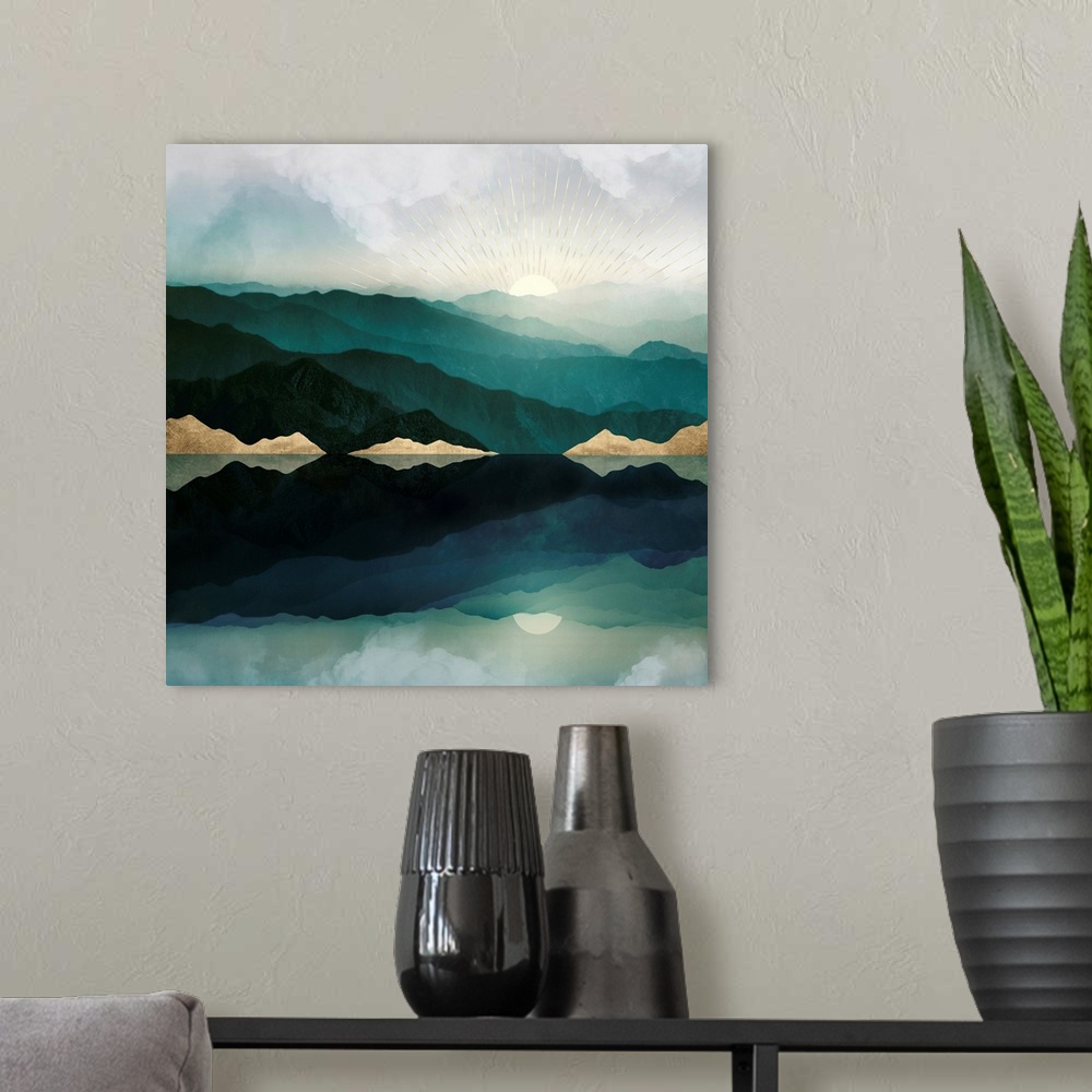 A modern room featuring Abstract landscape with reflection featuring mountains, water, moon, sun, clouds, green and gold.