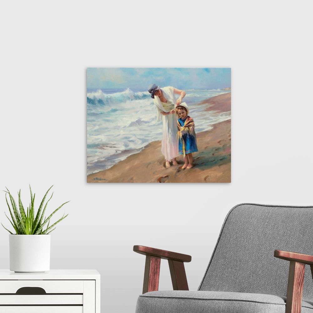 A modern room featuring Traditional representational painting of a mother and daughter at the beach. The girl is wearing ...
