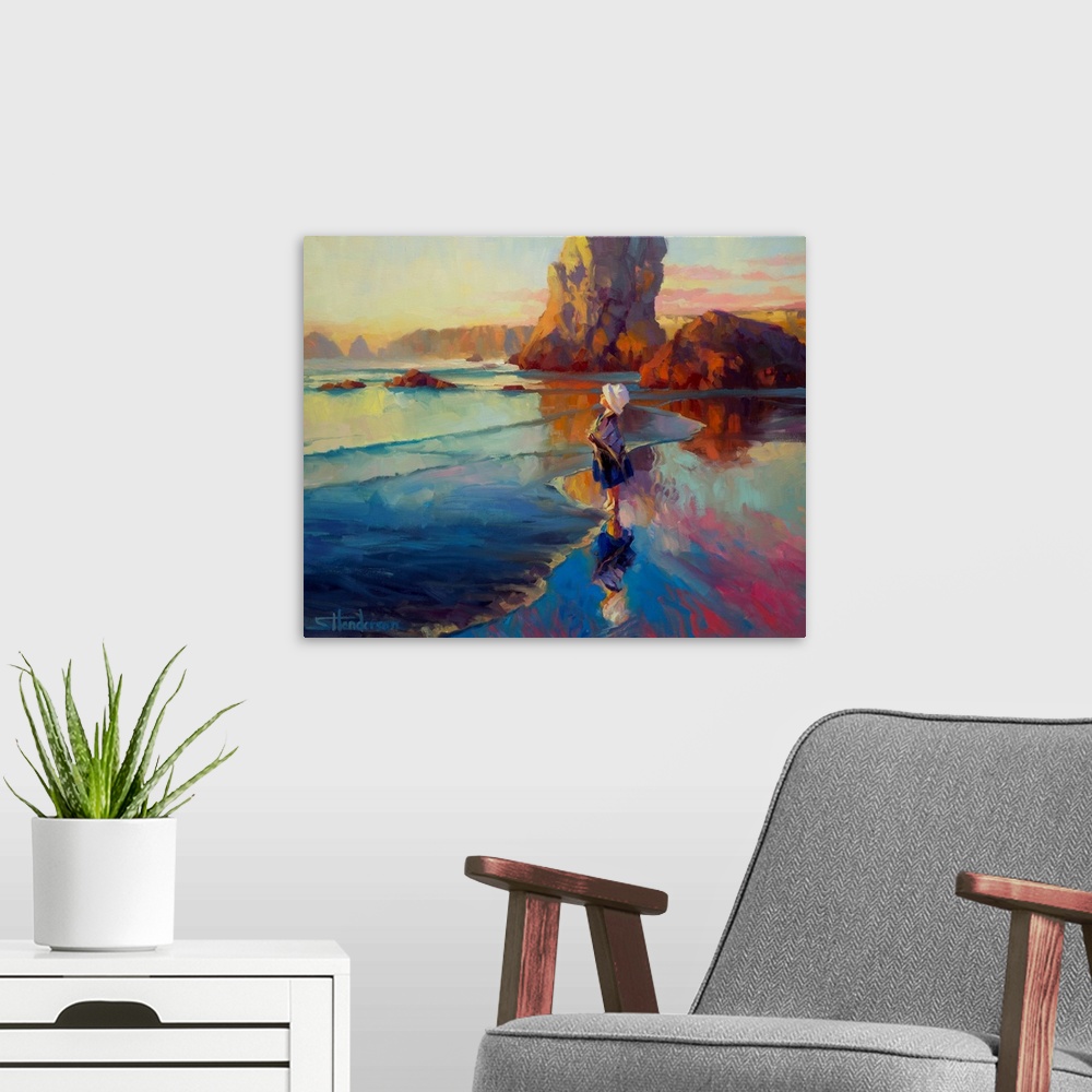 A modern room featuring Traditional representational painting of a young child, wearing a hat, standing on the beach coas...