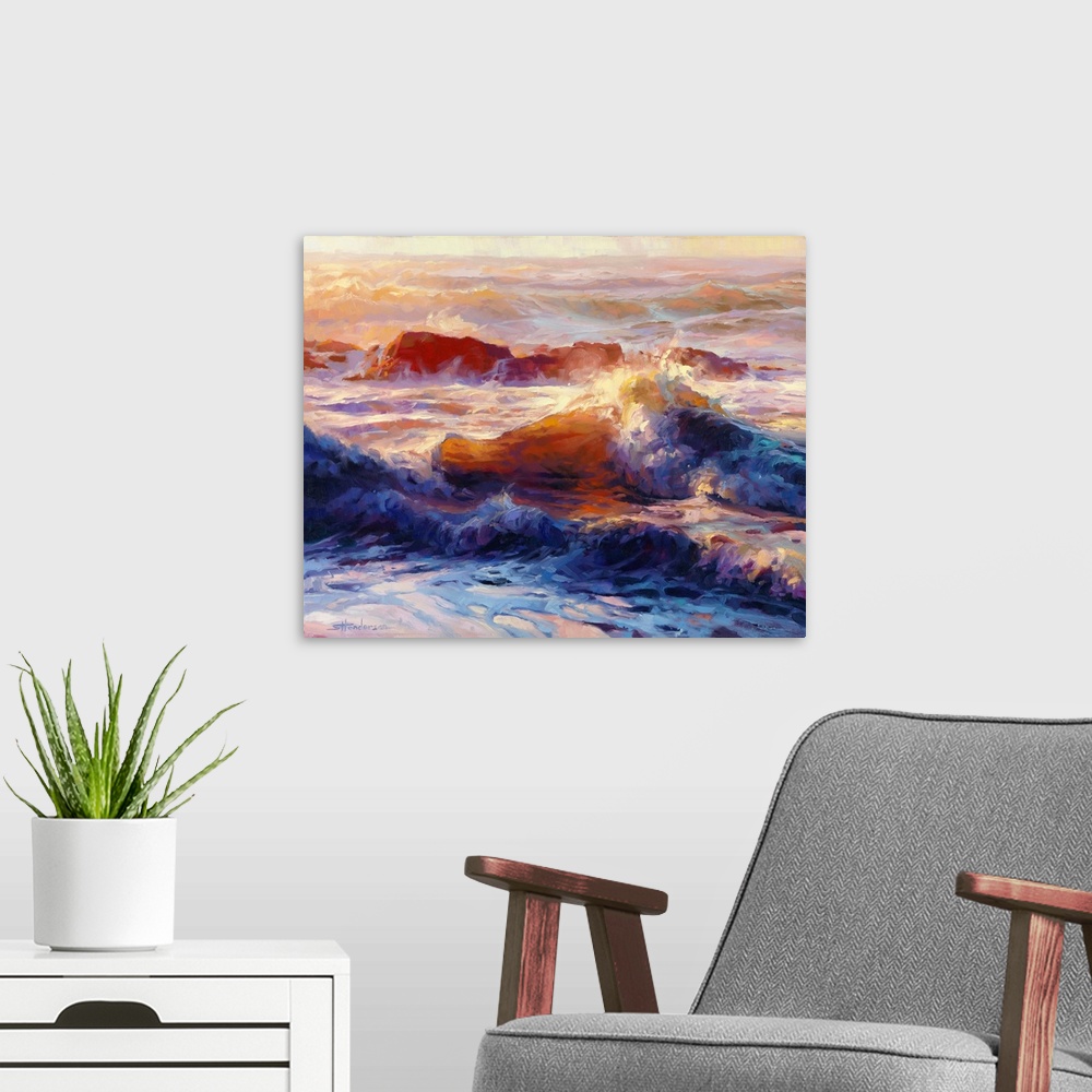 A modern room featuring Traditional impressionist painting of waves in the ocean, reflecting different colors because of ...