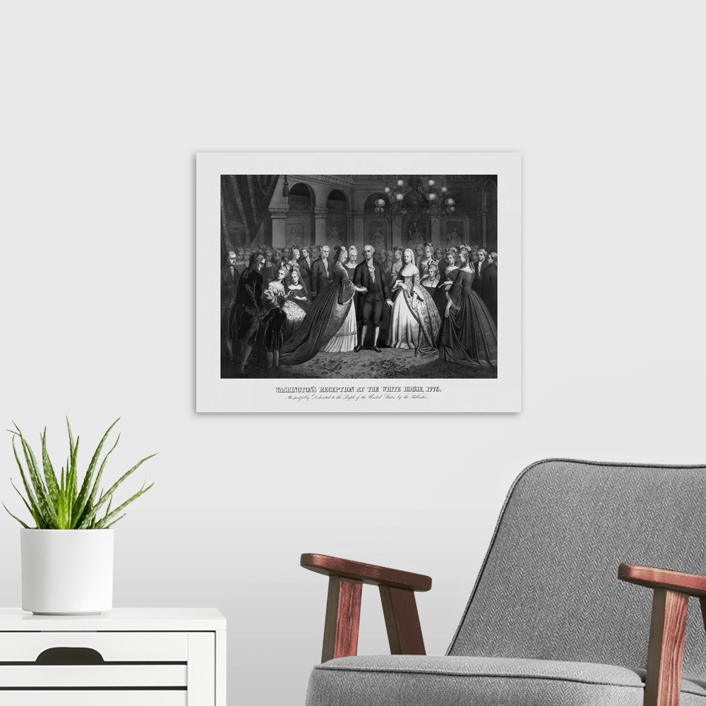 A modern room featuring A crowd welcoming President George Washington and his spouse Martha to The White House, 1776.