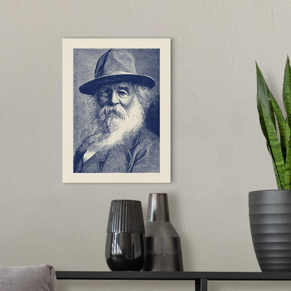 A modern room featuring American history portrait of American poet Walt Whitman.