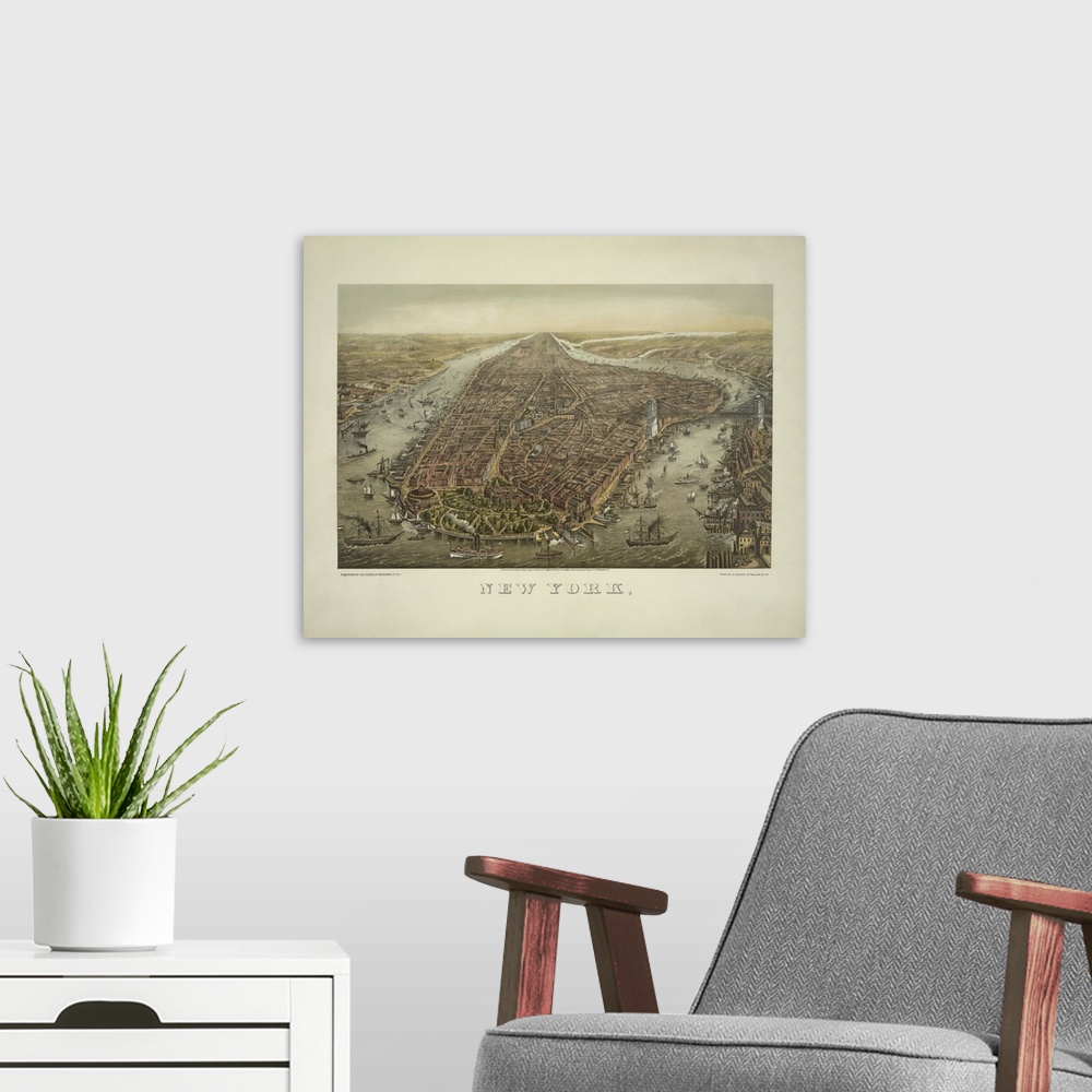 A modern room featuring American history print showing an illustrated bird's eye view of Manhattan, New York City.