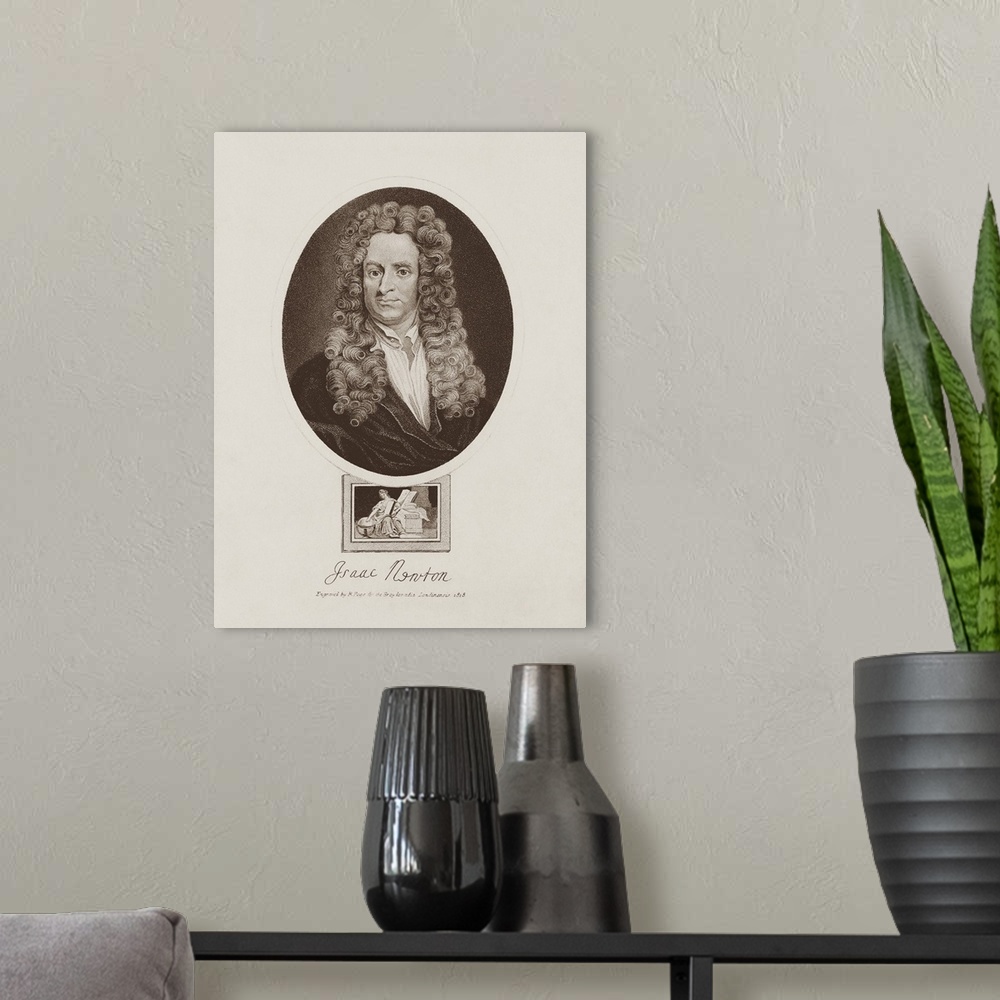 A modern room featuring An engraving of the father of modern physics, Sir Isaac Newton.