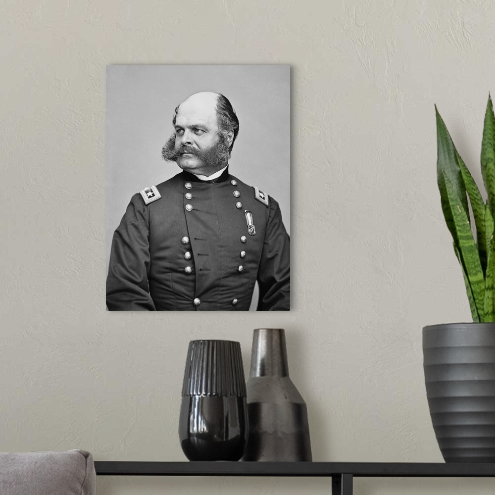 A modern room featuring Civil War portrait of General Ambrose Burnside.