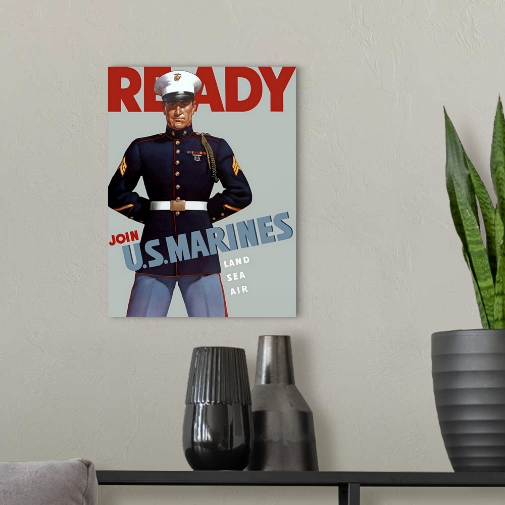 A modern room featuring Digitally restored vector war propaganda poster. This Marine Corps recruiting poster from World W...