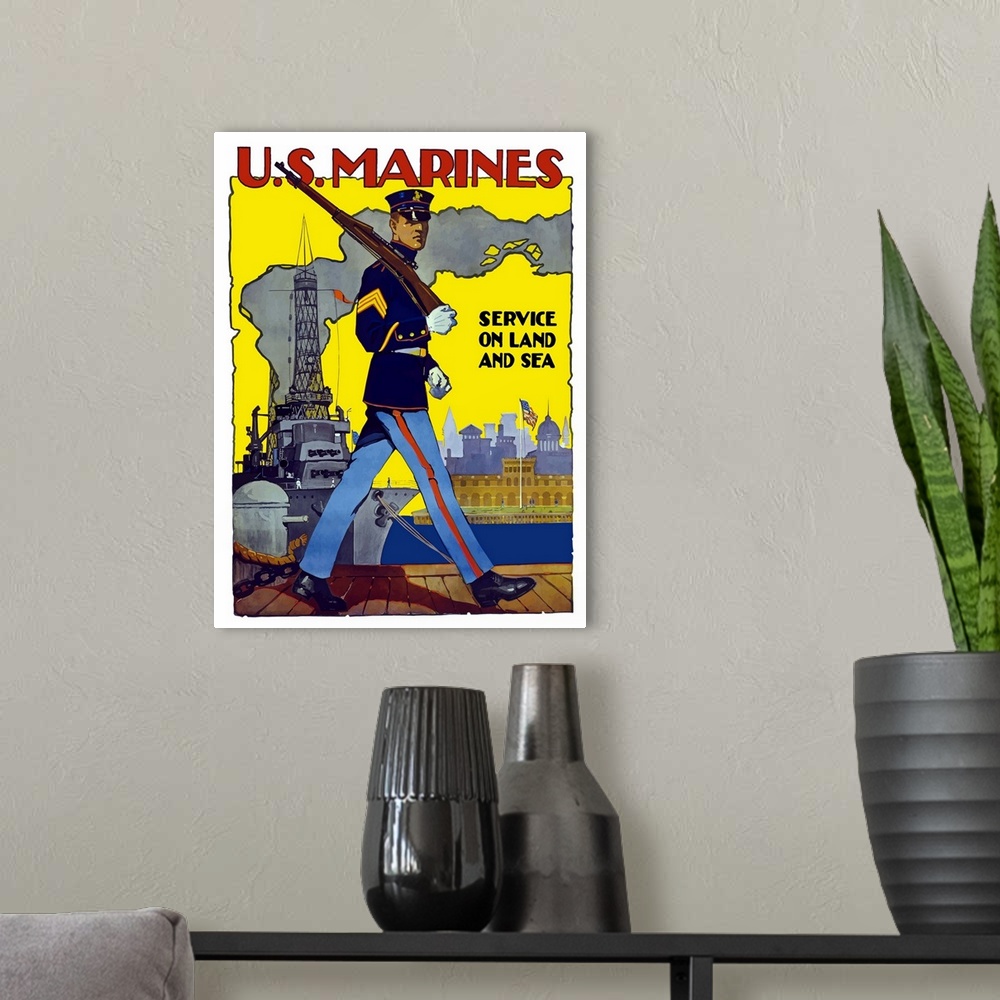A modern room featuring Large, vertical, vintage World War II poster featuring a US Marine marching along a dock with his...