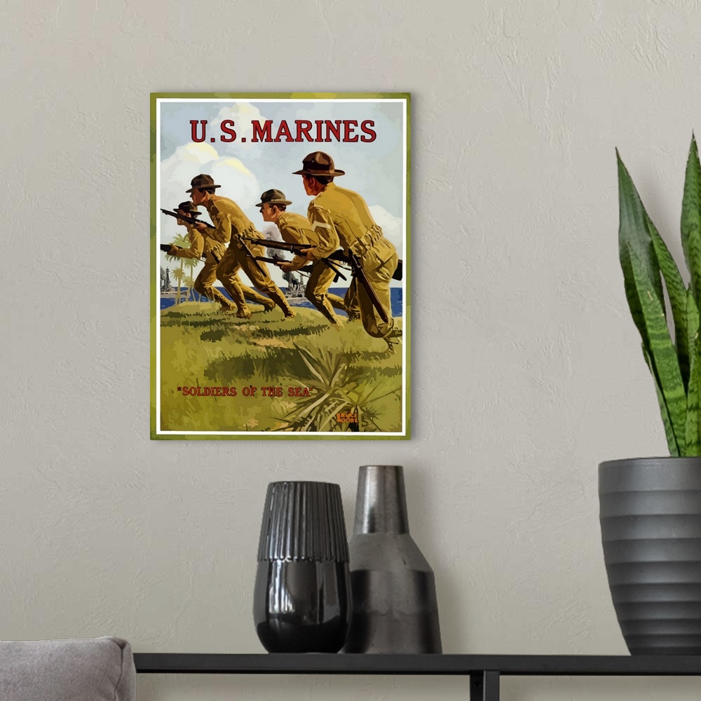 A modern room featuring This vintage WWI poster features US Marines charging into battle with their rifles. It declares -...