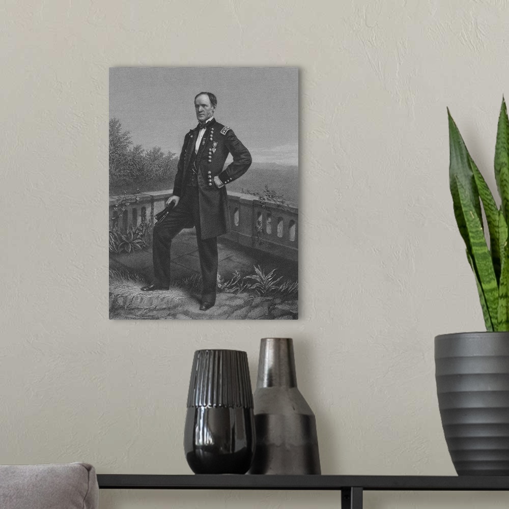 A modern room featuring Full length engraving of Union General William Tecumseh Sherman.