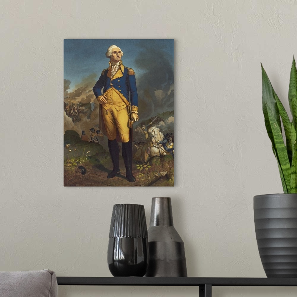 A modern room featuring Full length print of General George Washington with a war scene in the background.