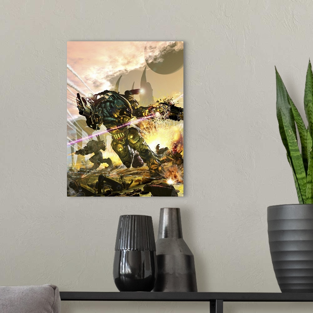 A modern room featuring Futuristic robotic marines charging on a battlefield.