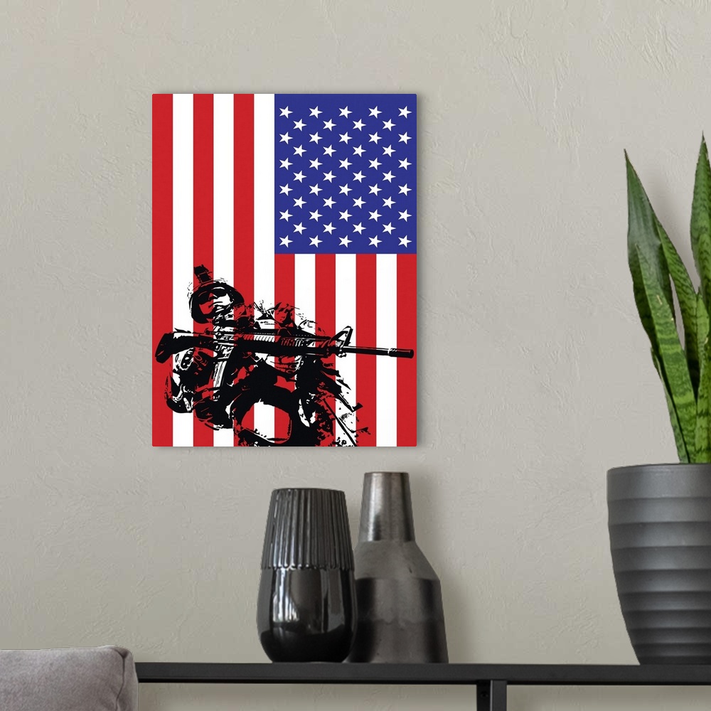 A modern room featuring Illustration of U.S. Marine in front of the USA flag.