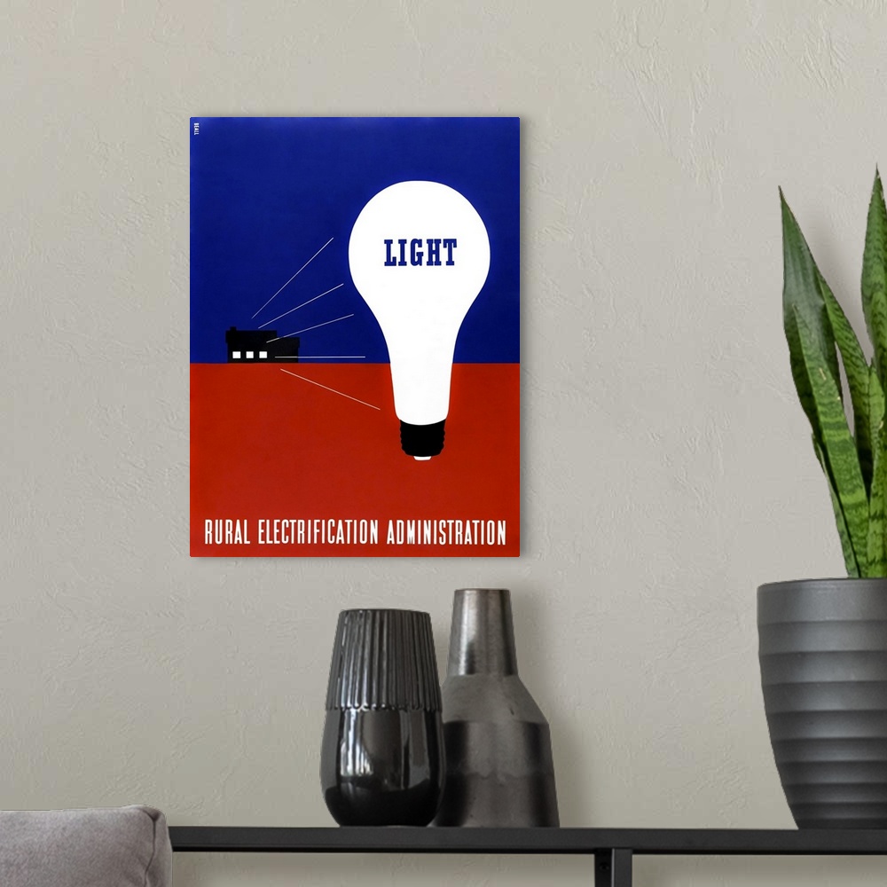 A modern room featuring Mid 20th century artwork by Lester Beall, featuring the word LIGHT within a giant bulb while the ...