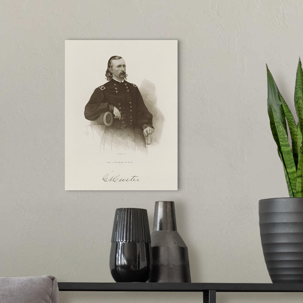 A modern room featuring Military history engraving of General George Armstrong Custer, circa 1865.