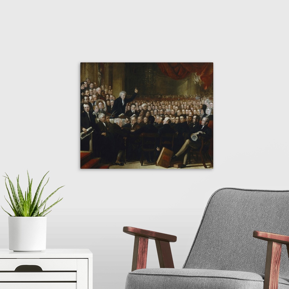 A modern room featuring Oil painting of the 1840 convention of the British and Foreign Anti-Slavery Society.