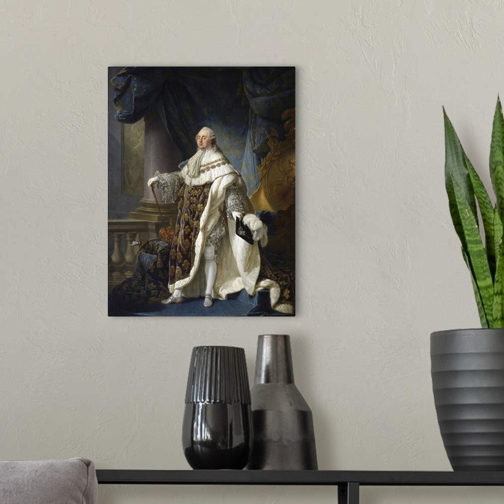 A modern room featuring Oil painting portrait of Louis XVI, King of France, dressed in his grand royal attire.