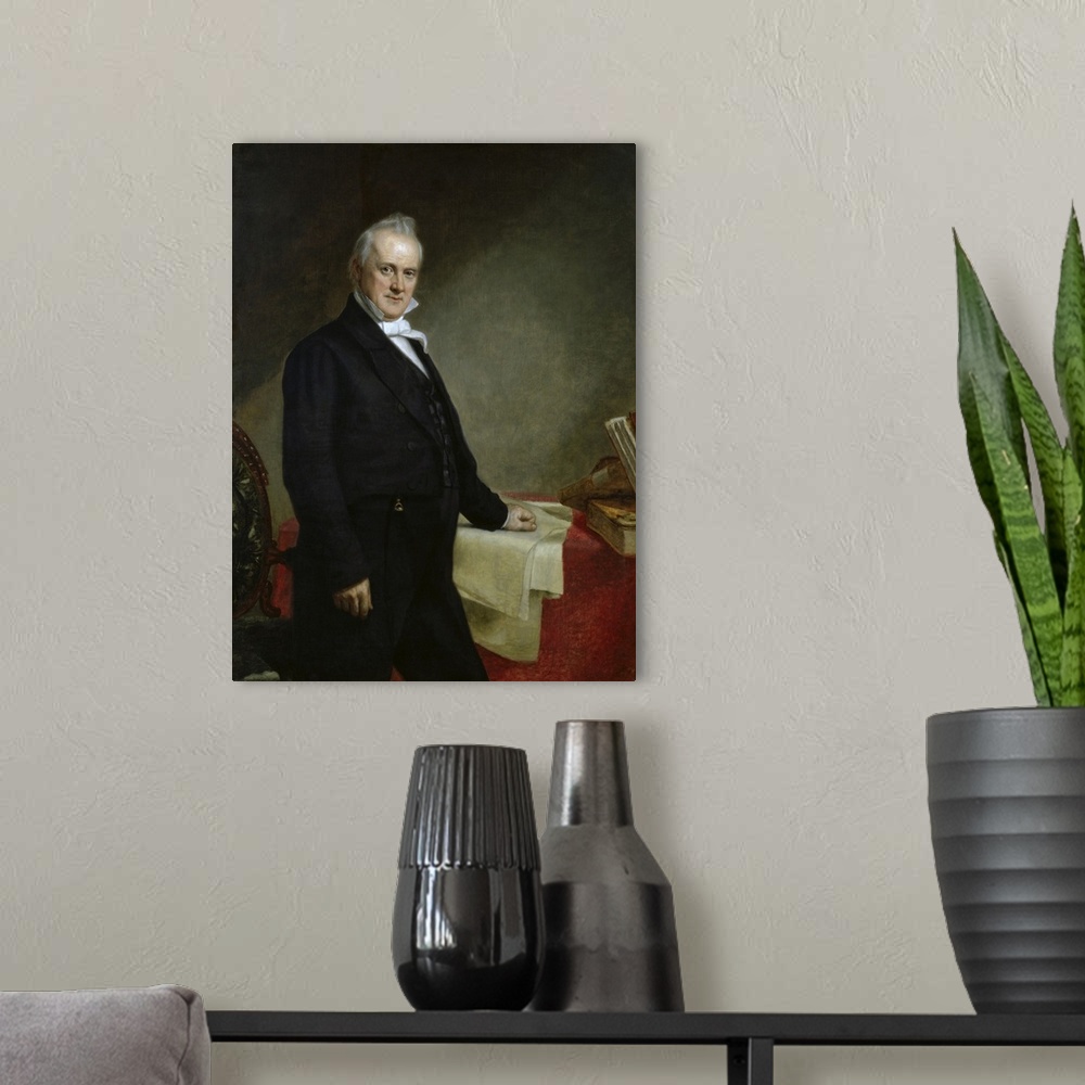 A modern room featuring Painted portrait of President James Buchanan.