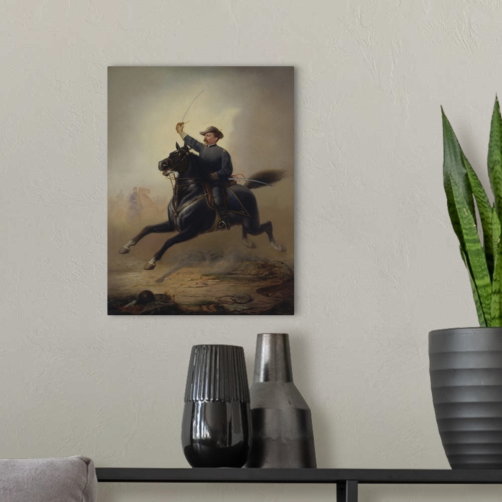 A modern room featuring Vintage American Civil War painting of General Philip Sheridan making his famous ride from Winche...