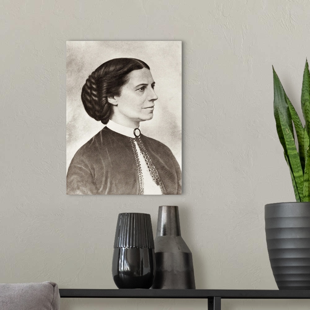 A modern room featuring Portrait of Clara Barton, dated in the 1890s.