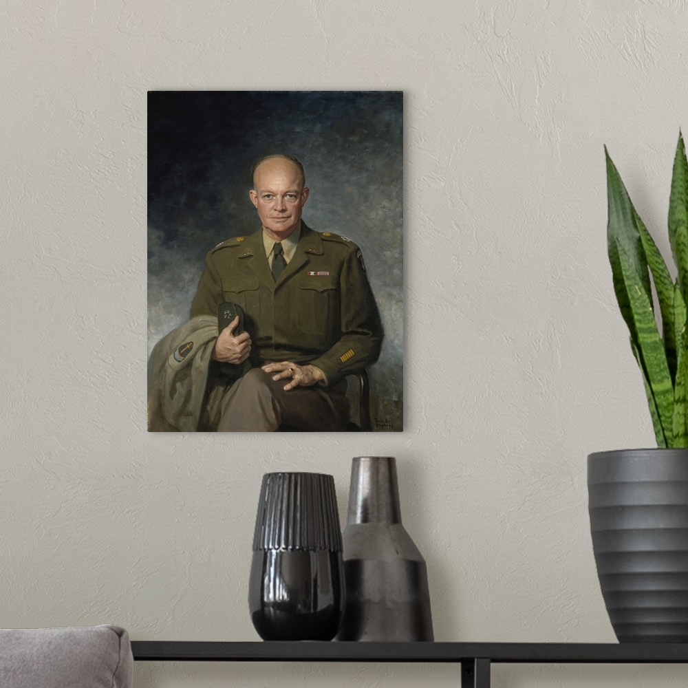 A modern room featuring Portrait of Dwight D. Eisenhower, 34th U.S. President whose tenure in office began in 1953 and en...