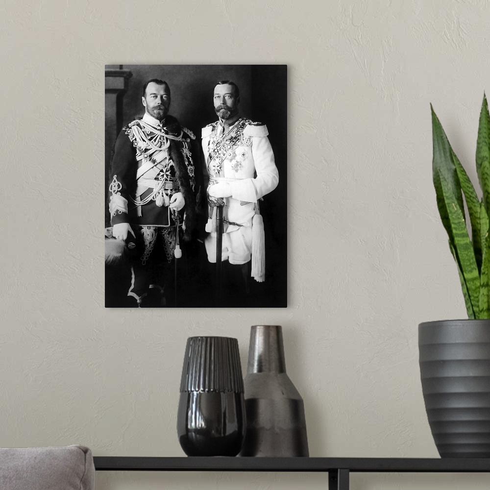 A modern room featuring Royal cousins King George V (on the right) and Tsar Nicholas II posing for a photo in Berlin.
