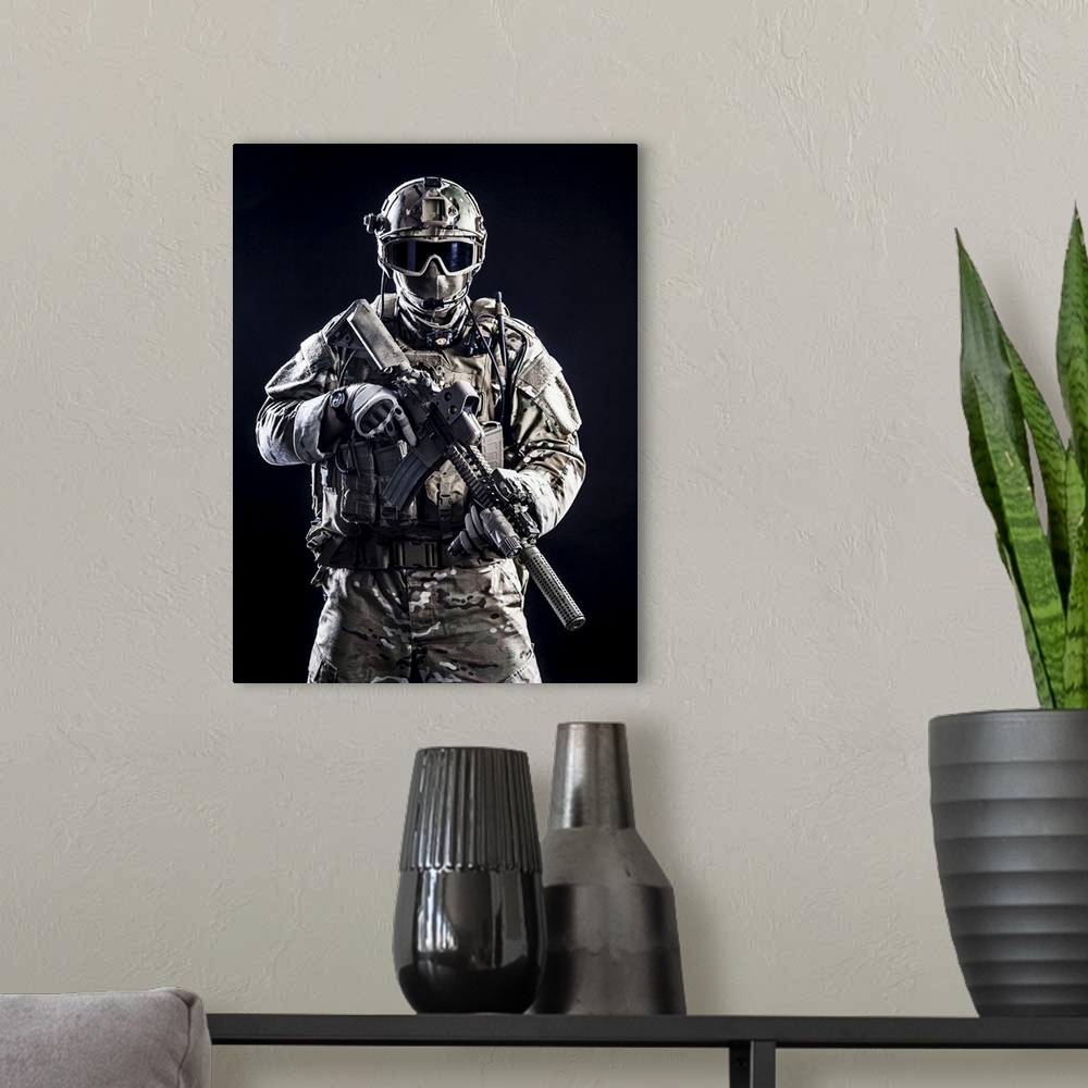 Special Forces Soldier With Rifle On Dark Background Wall Art, Canvas ...