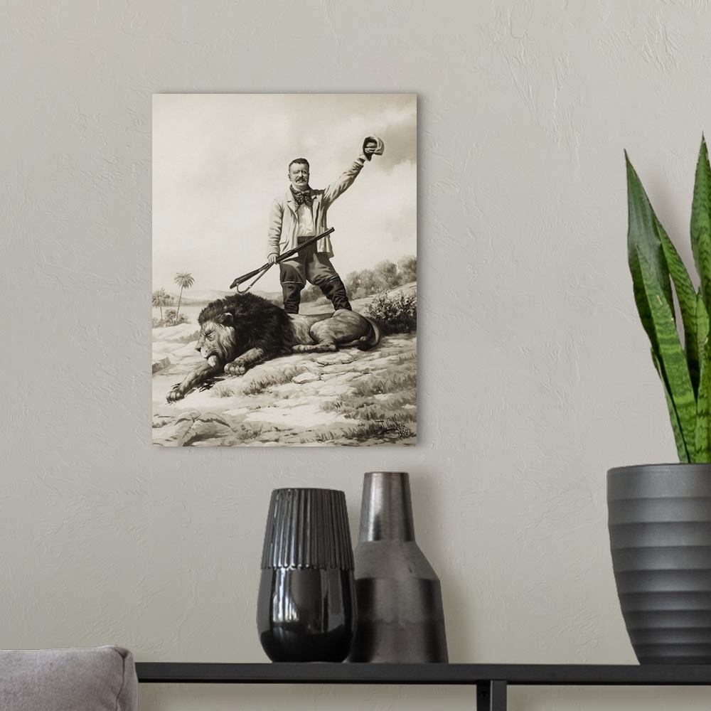 A modern room featuring Teddy Roosevelt waving his hat in triumph upon killing a lion during a hunt.