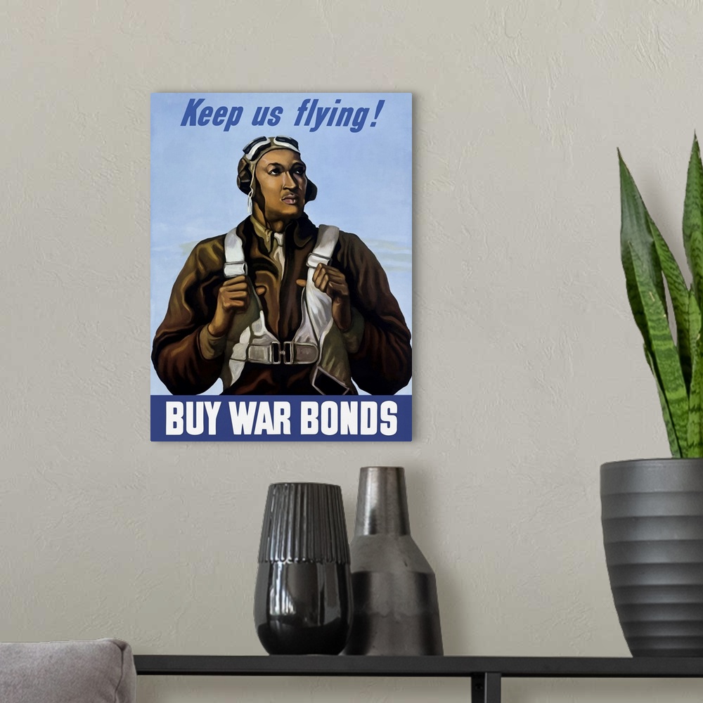 A modern room featuring U.S. Military propaganda image of a Tuskegee airman with the caption; Keep Us Flying. Buy War Bon...