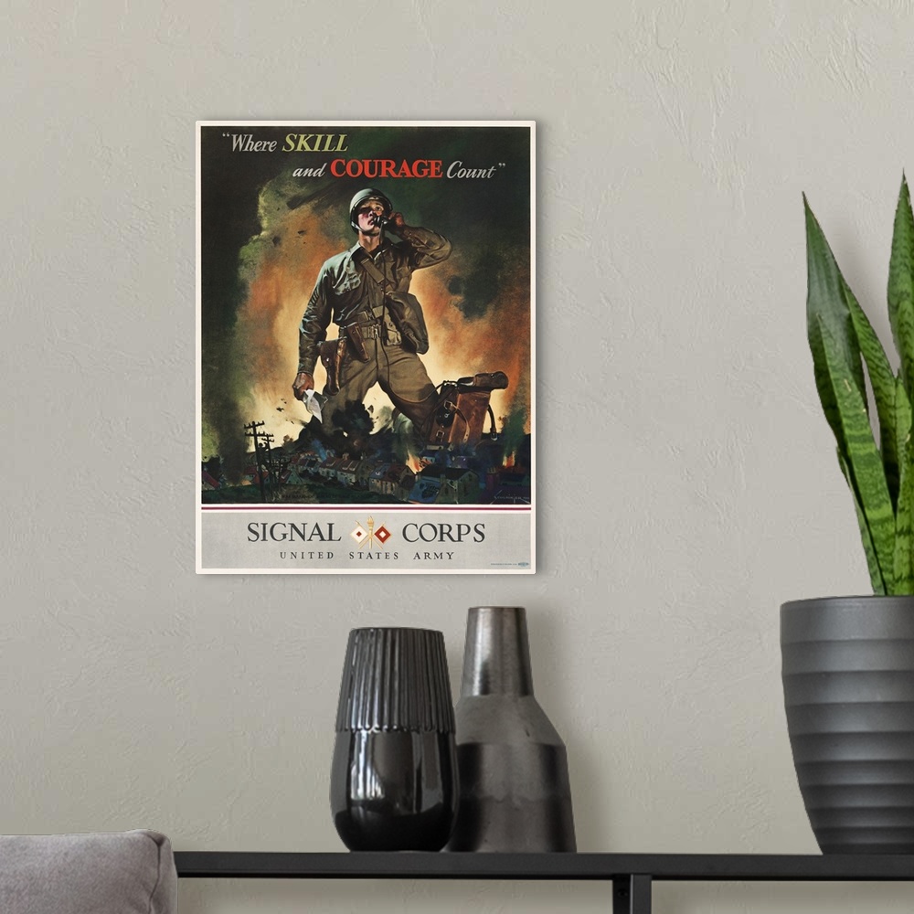 A modern room featuring Vintage military recruiting poster showing an American soldier talking on a field telephone.