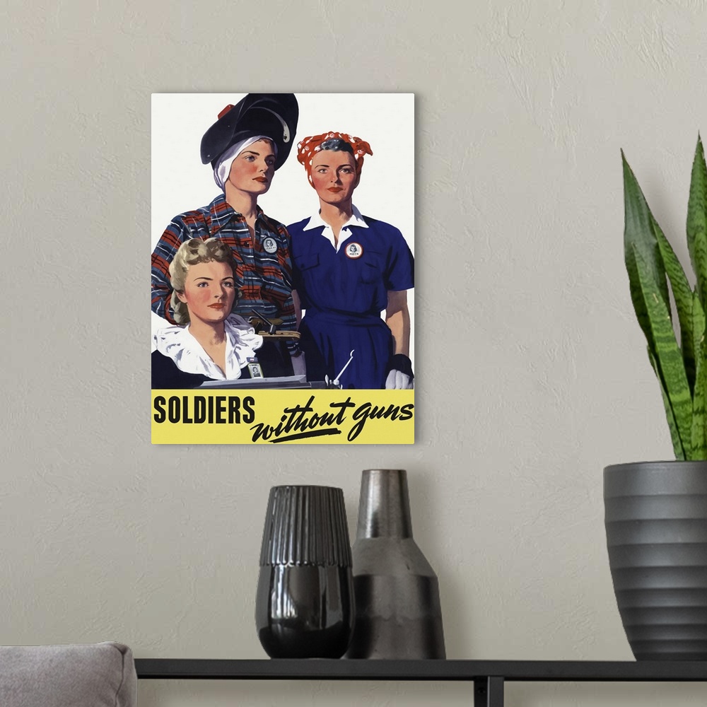 A modern room featuring Vintage World War II poster featuring female homeland production workers.