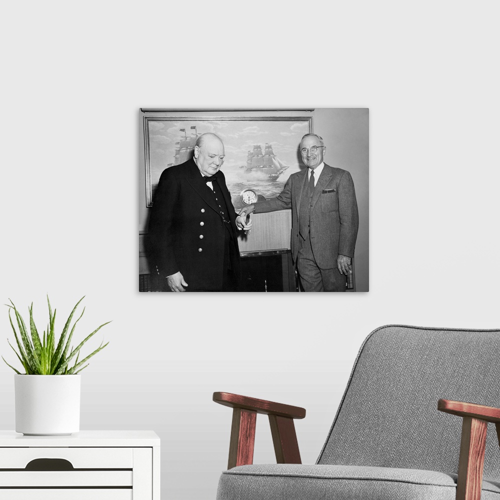A modern room featuring UK Prime Minister Winston Churchill and U.S. President Harry S. Truman during a moment on the Pre...