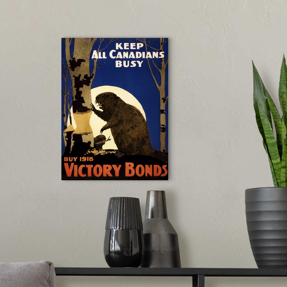 A modern room featuring World War One propaganda poster showing beavers chewing on a tree with a full moon in the backgro...