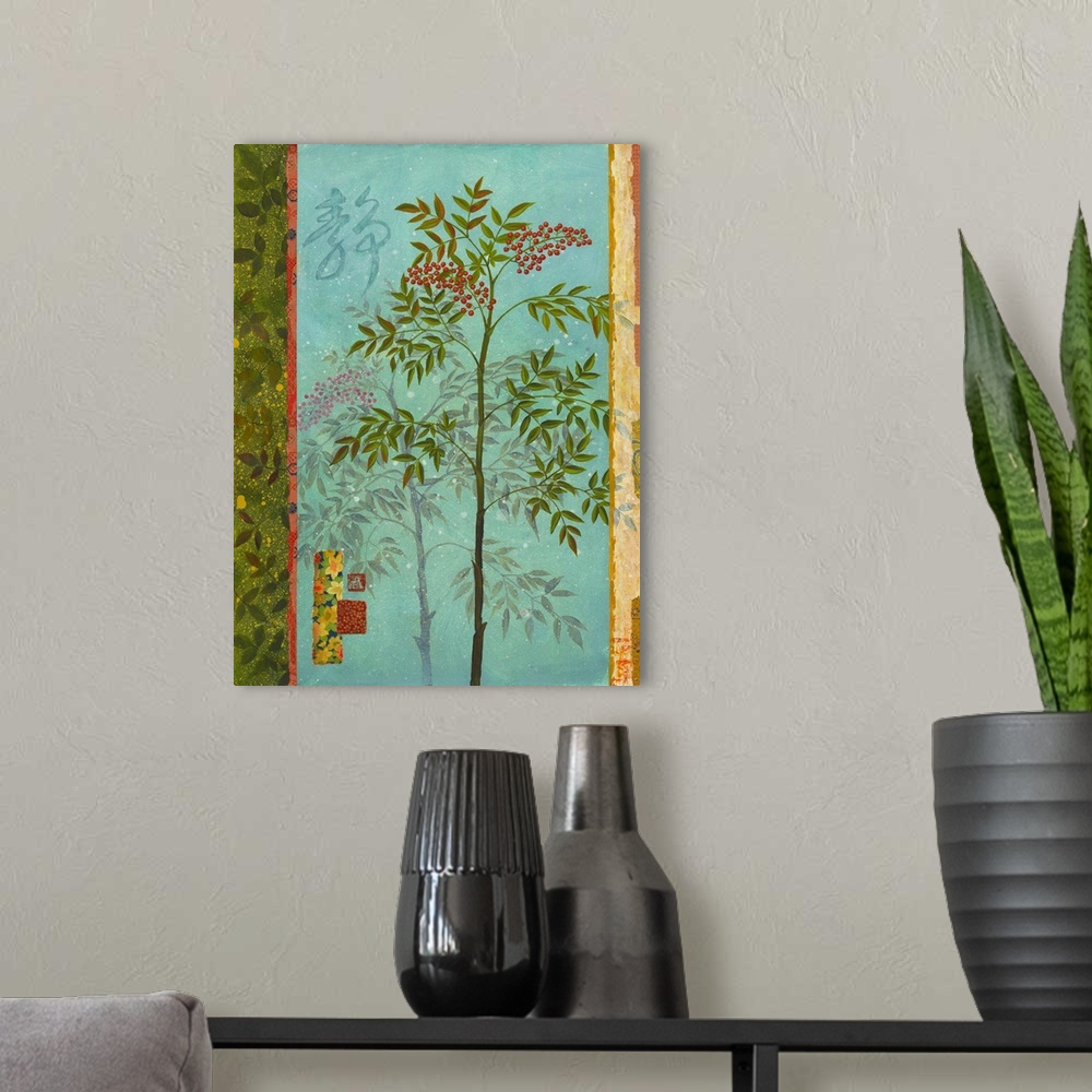 A modern room featuring Asian style painting of a tree with red berries.