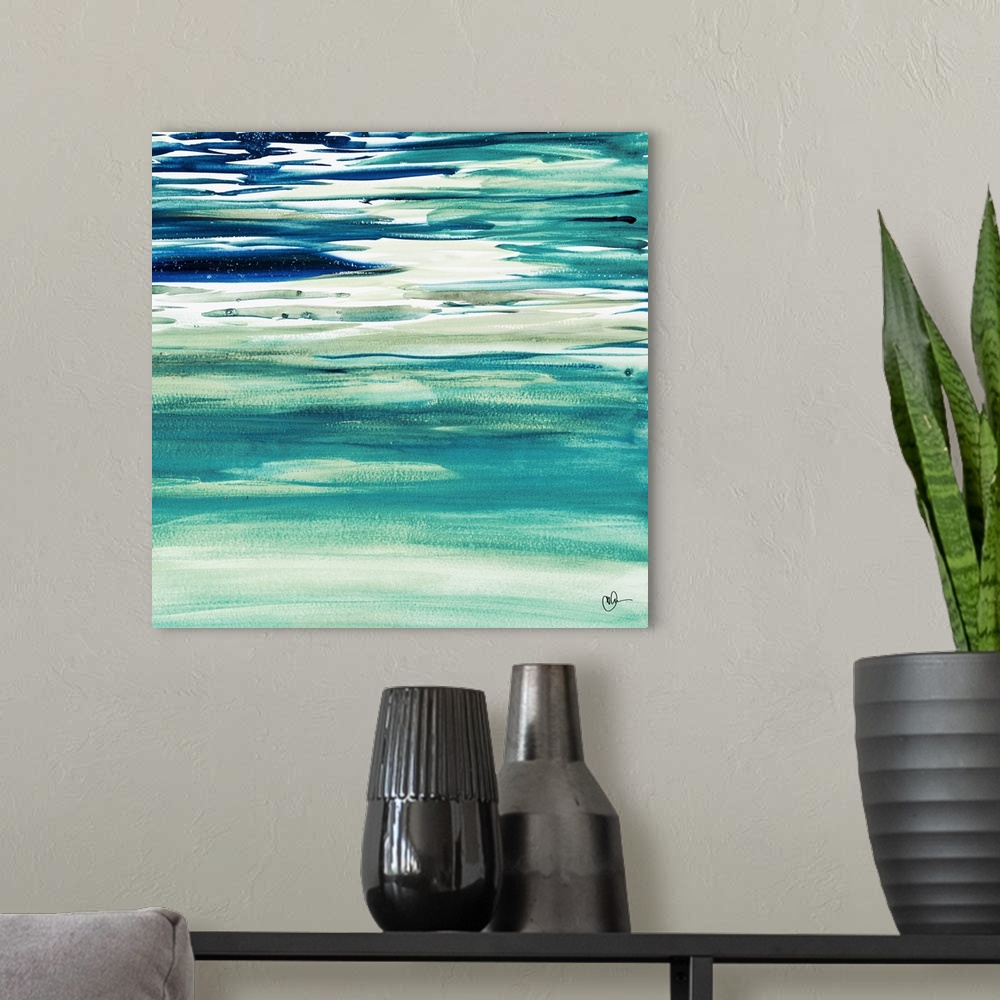 A modern room featuring This contemporary artwork features horizontal dry brush strokes of various shades of blue.