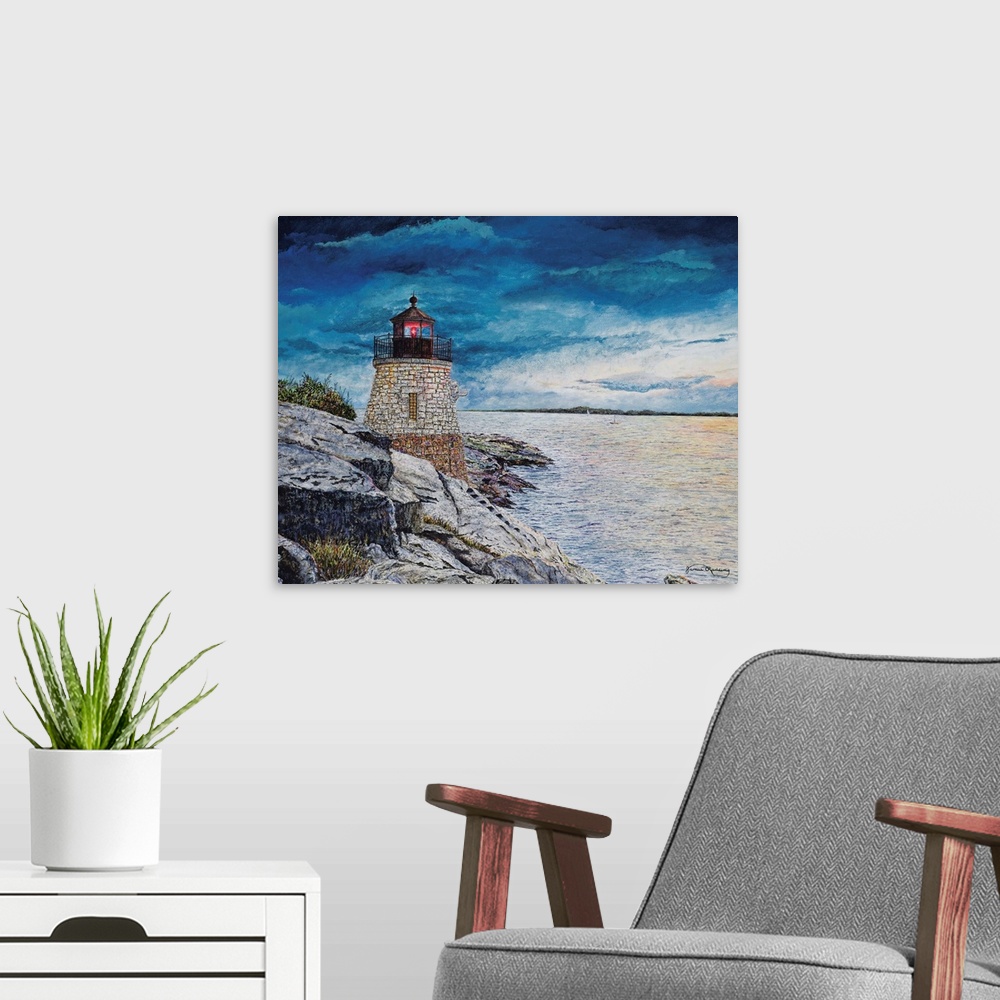 A modern room featuring A contemporary landscape painting of a stone lighthouse by a rocky seashore.