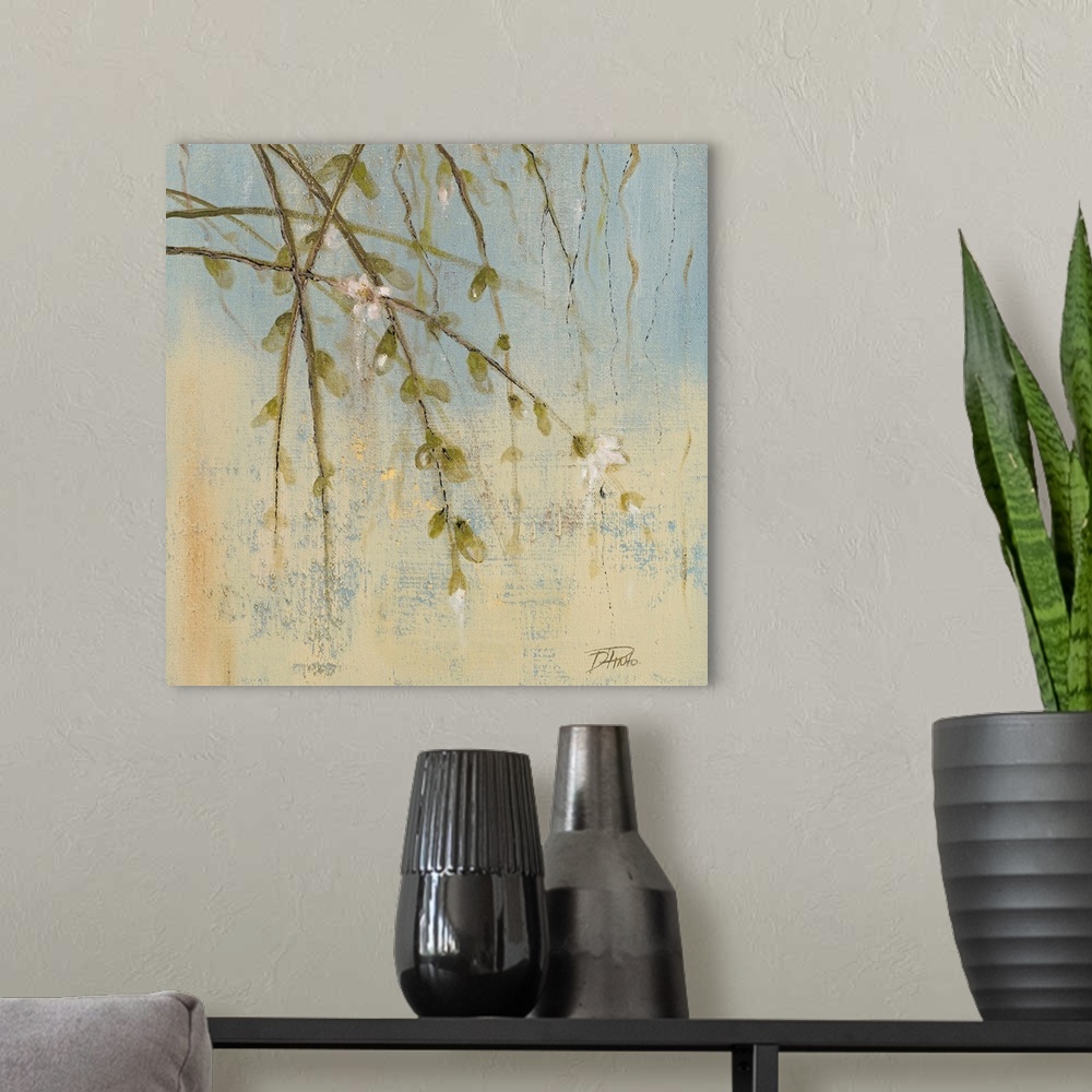 A modern room featuring Contemporary painting of several thin branches from a sakura tree with a few flowers and buds han...