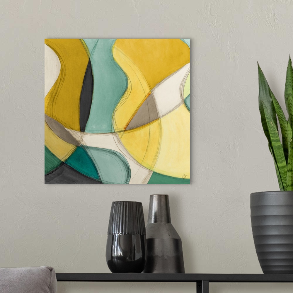 A modern room featuring Abstract contemporary artwork in of swirling intersected shapes in blue and yellow.