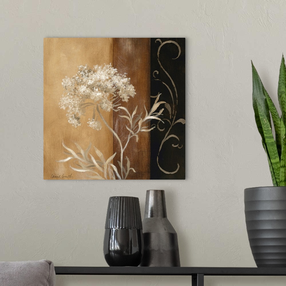 A modern room featuring Neutral colored painting of flower clusters and their leaves on a background made of bands of col...