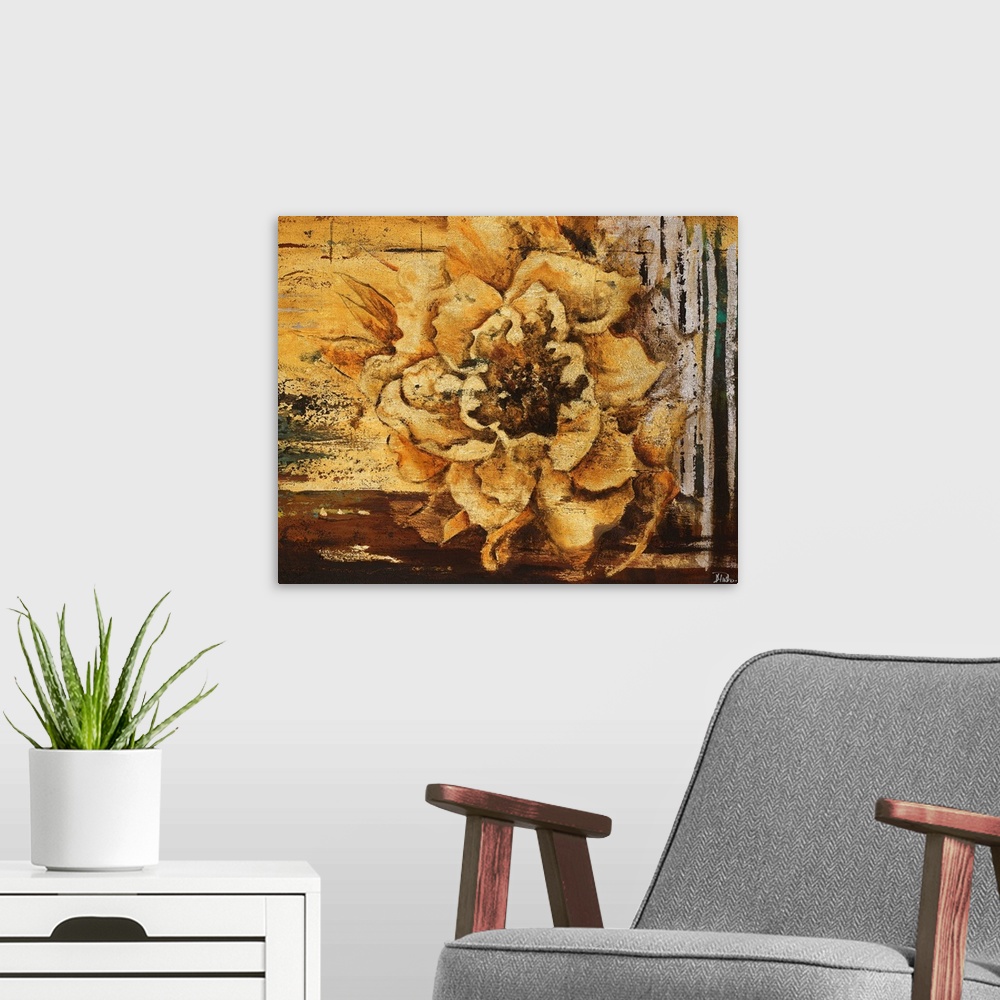 A modern room featuring Painting of a rustic golden flower against an abstract background in gold.