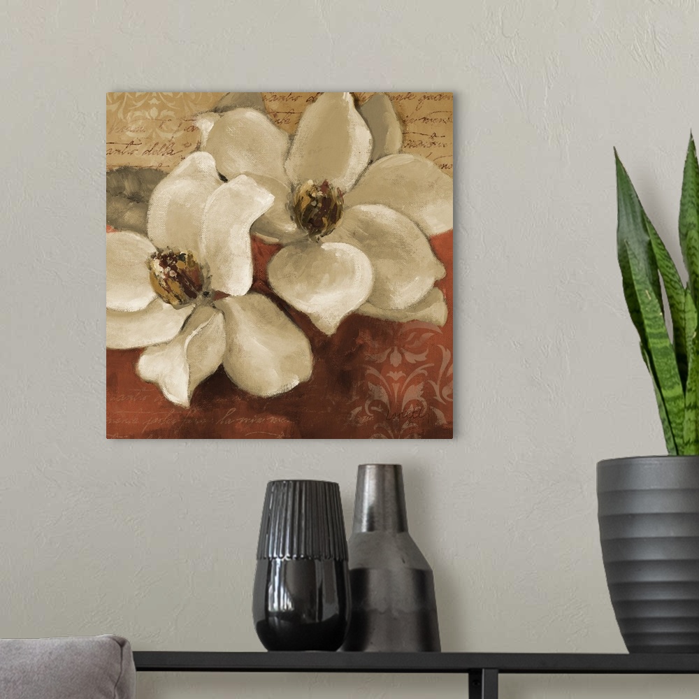 A modern room featuring Square painting on canvas of two large flowers with patterns in the background.