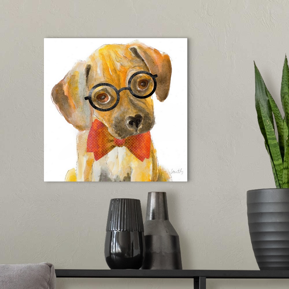A modern room featuring Square watercolor painting of a puppy wearing circular framed glasses and a red bow tie.