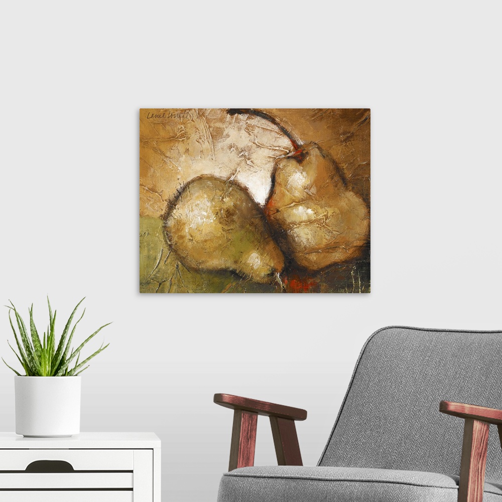 A modern room featuring Decorative artwork perfect for the home or kitchen of two pears. The painting technique appears t...